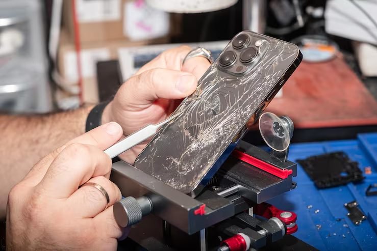 Technician replacing broken phone glass at FIXIT Mobile Care, Kuala Lumpur